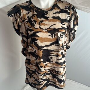 CDM caramel tan gray black camouflage ruffle top